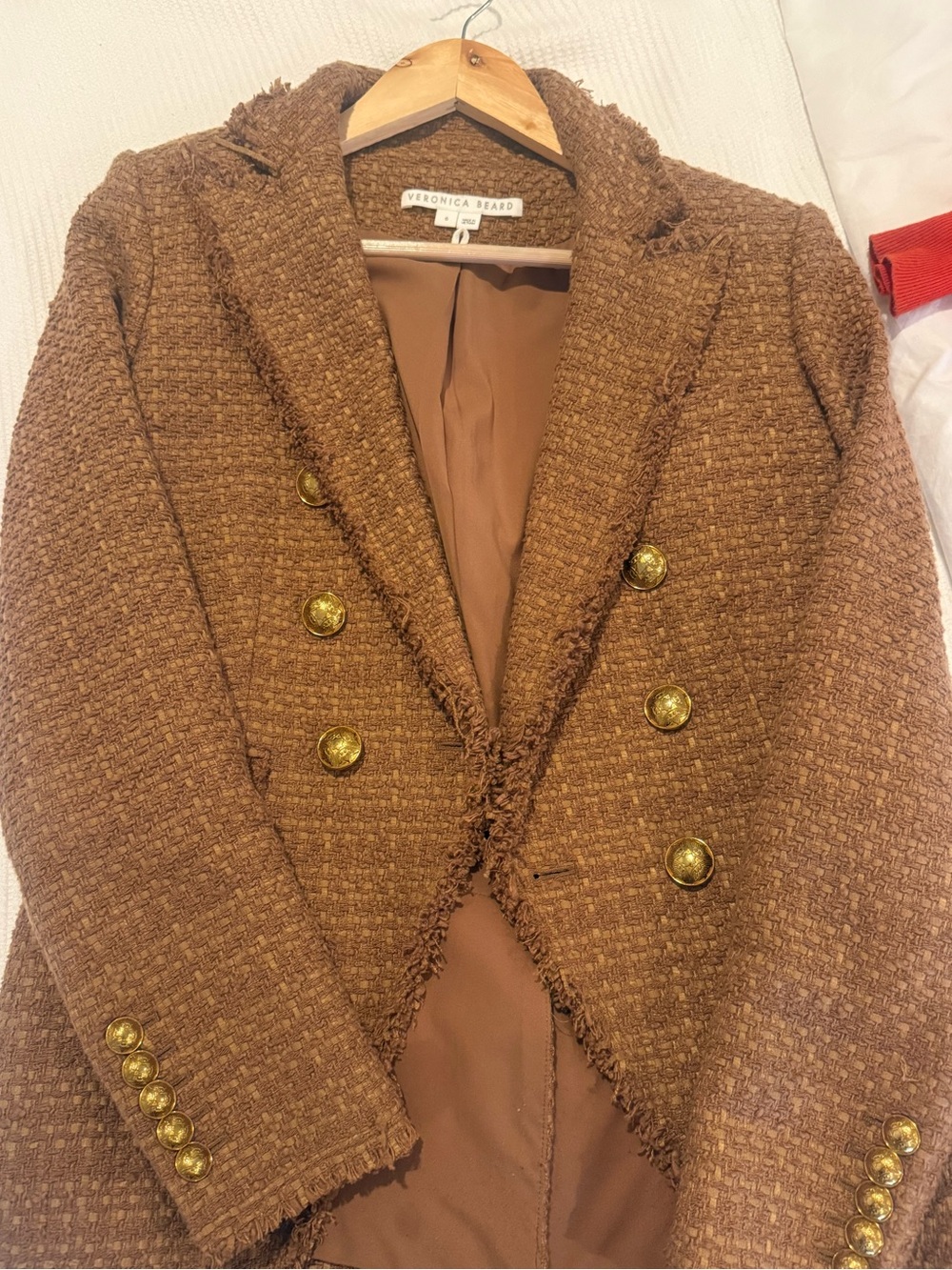 Veronica Beard Camel Brown Tweed Double-Breasted Blazer
